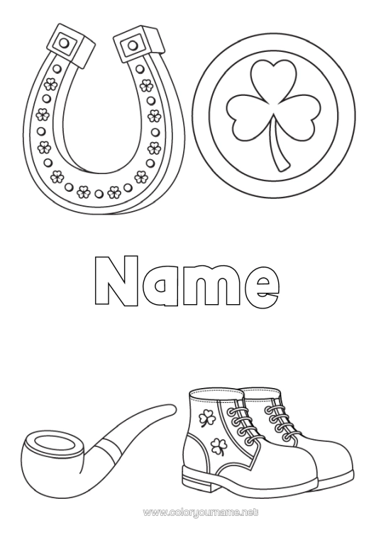 Colouring page to print Fortune Clover Ireland Horseshoe St Patrick's Day Symbols Shoe Rooms