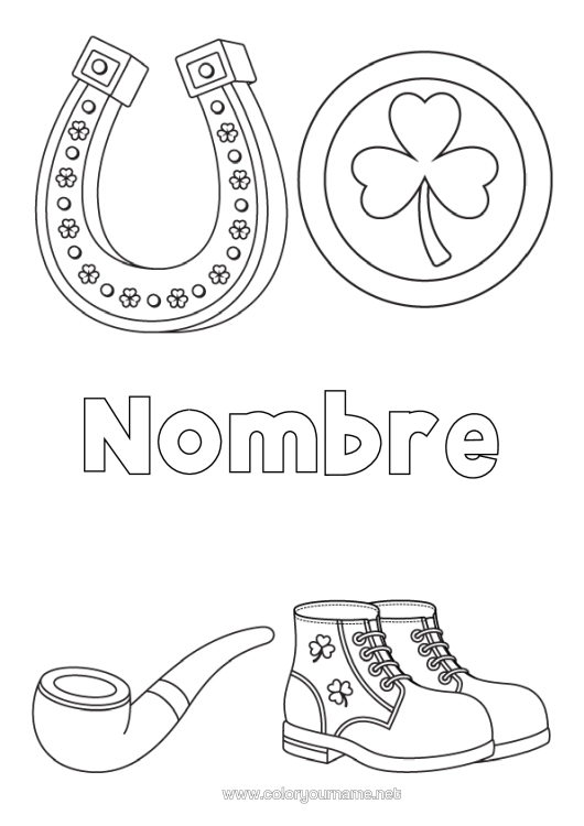 Dibujo para colorear para imprimir Suerte Trébol Irlanda Herradura Día De San Patricio Simbolos Zapato Monedas