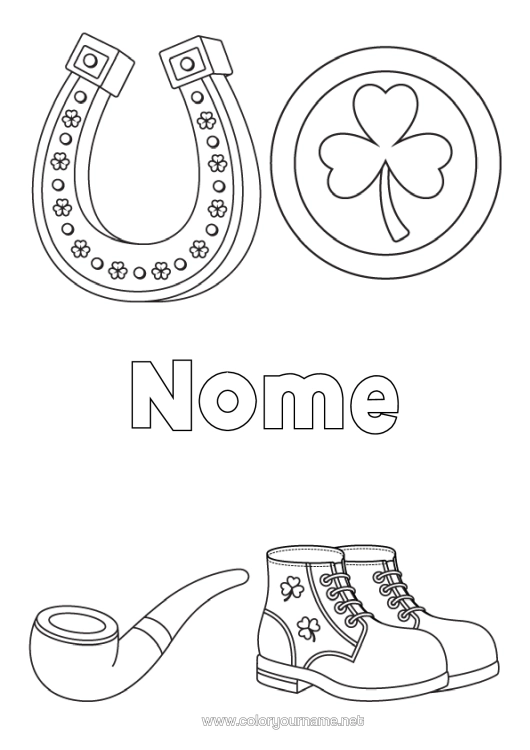 Página de desenho para imprimir Sorte Trevo Irlanda Ferradura Dia De São Patrício Símbolos Sapato Peças