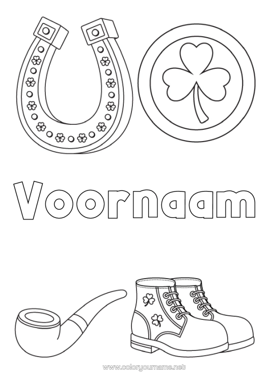 Kleurplaat om af te drukken Geluk Klaver Ierland Hoefijzer Saint Patrick's Day Symbolen Schoen Stukken
