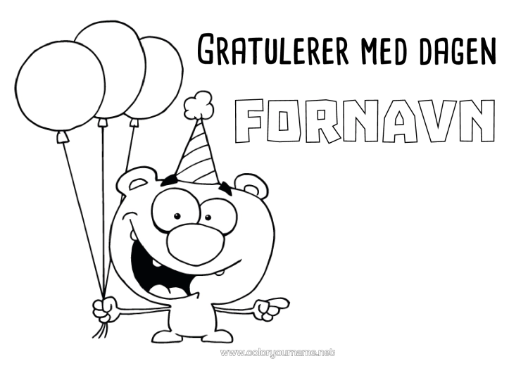 Fargeleggingssiden til utskrift Monster Bjørn Bursdag Ballonger Gratulerer Med Dagen! Skogsdyr Tegneserie