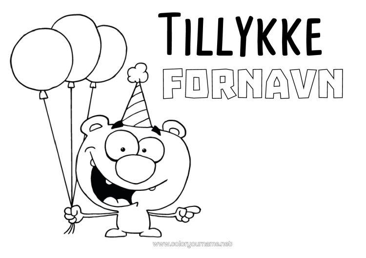 Farvelægningssiden til udskrivning Monster Bjørn Fødselsdag Balloner Tillykke Med Fødselsdagen! Skovens Dyr Tegneserie