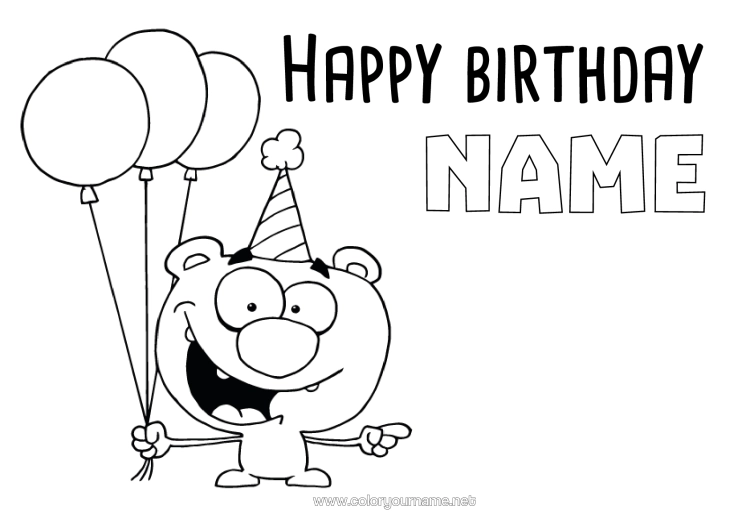 Colouring page to print Monster Bear Birthday Balloons Happy Birthday Message Forest Animals Cartoon