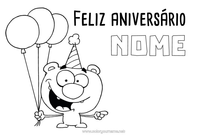 Página de desenho para imprimir Monstro Urso Aniversário Bolas Feliz Aniversário (Francês) Mensagem Animais Da Floresta Desenho Animado