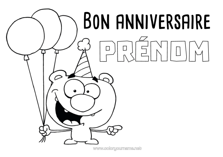 Coloriage à imprimer Monstre Ours Anniversaire Ballons Joyeux Anniversaire (Français) Message Animaux De La Forêt Cartoon
