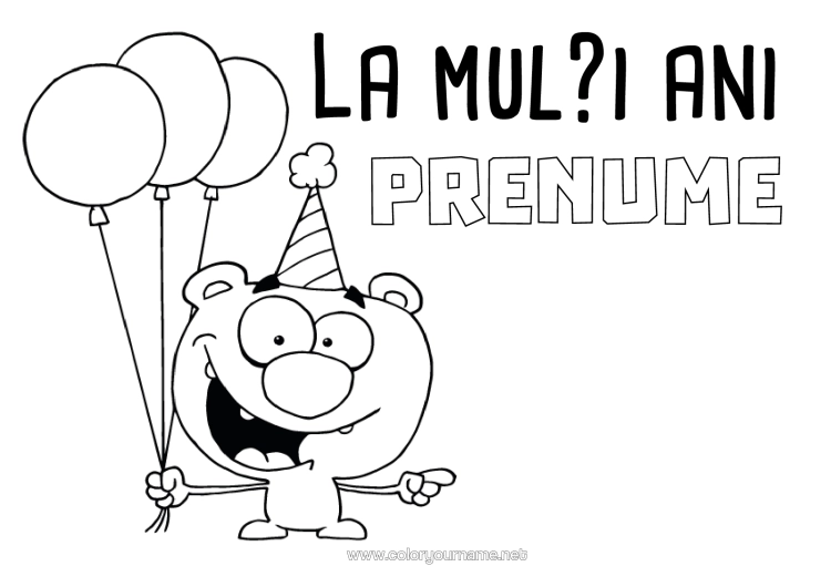 Pagină de colorat de imprimat Monstru Urs Aniversare Baloane La Mulți Ani! Animale Din Pădure Desen Animat