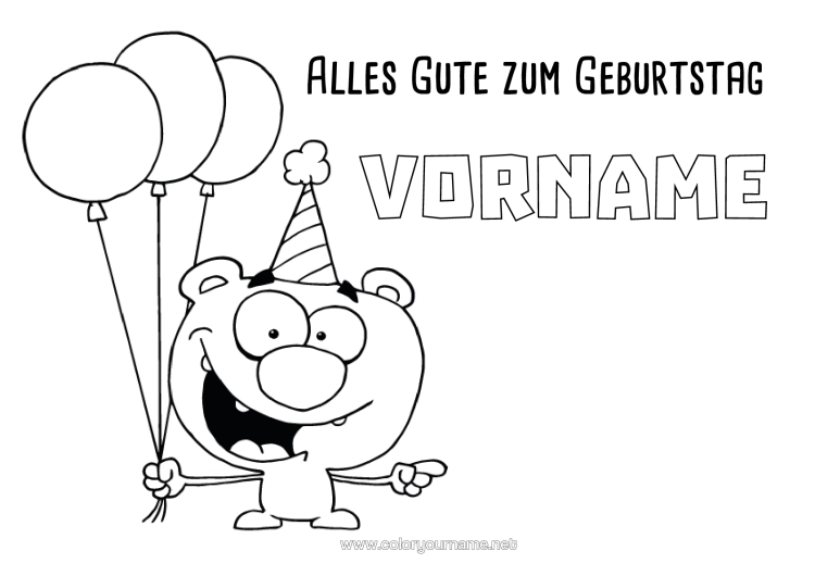 Malvorlage zum Ausdrucken Monster Bär Geburtstag Luftballons Alles Gute Zum Geburtstag (Französisch) Nachricht Waldtiere Karikatur