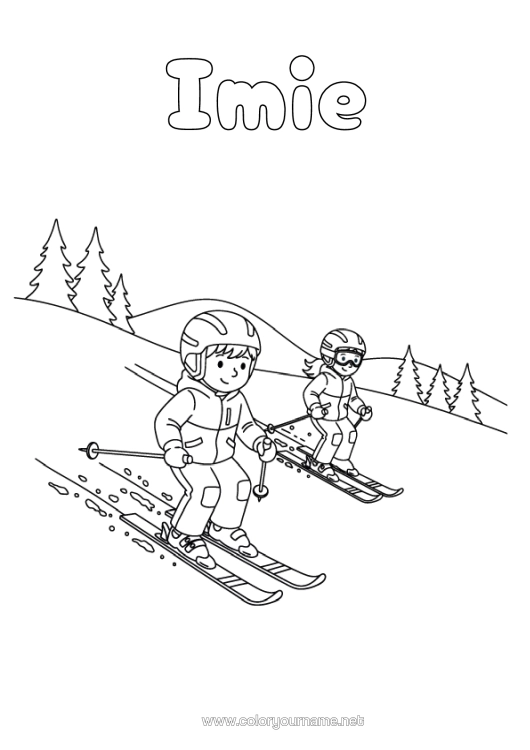 Kolorowanka do wydruku Śnieg Narty Sporty Zimowe Góra