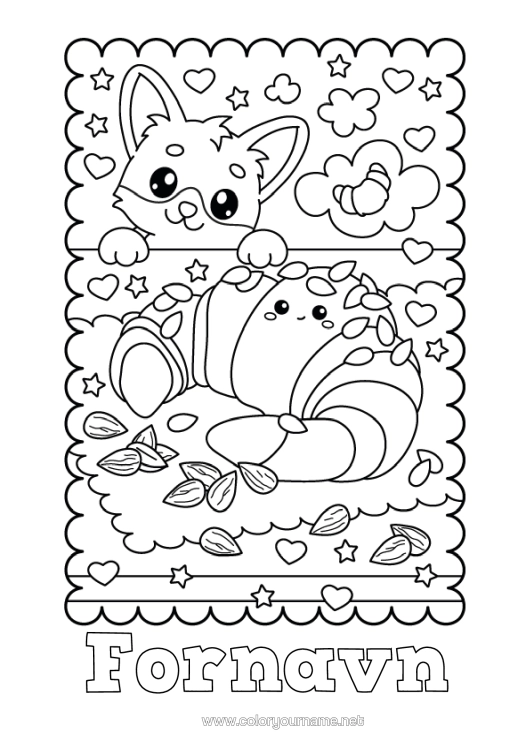 Farvelægningssiden til udskrivning Hjerte Kawaii Ræv Skovens Dyr Croissant