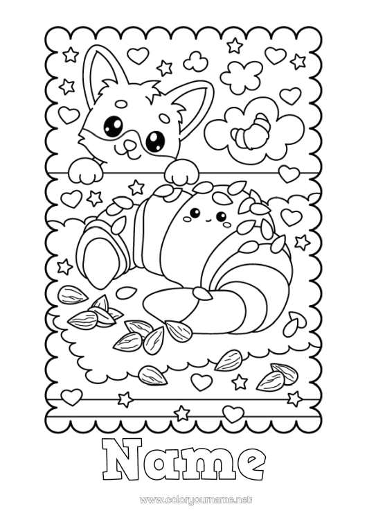 Colouring page to print Heart Cute Fox Forest Animals Croissant