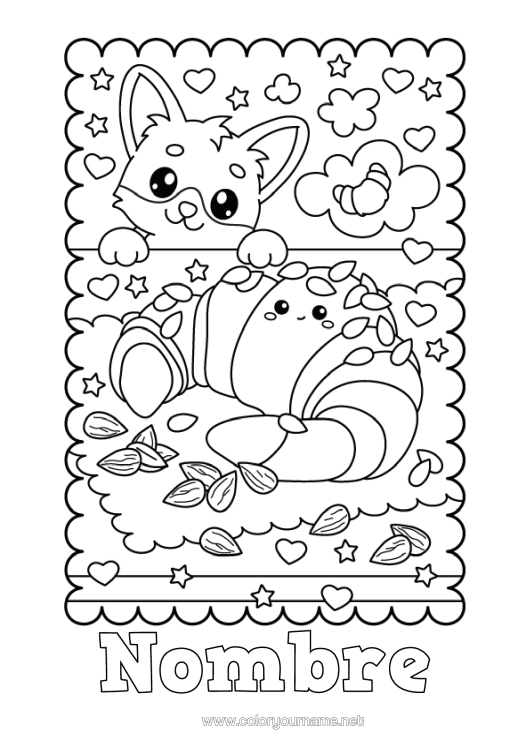 Dibujo para colorear para imprimir Corazón Kawaii Zorro Animales Del Bosque Croissant