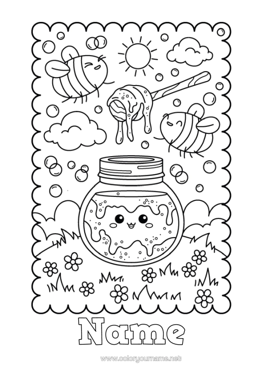 Colouring page to print Cute Bee Insects Honey