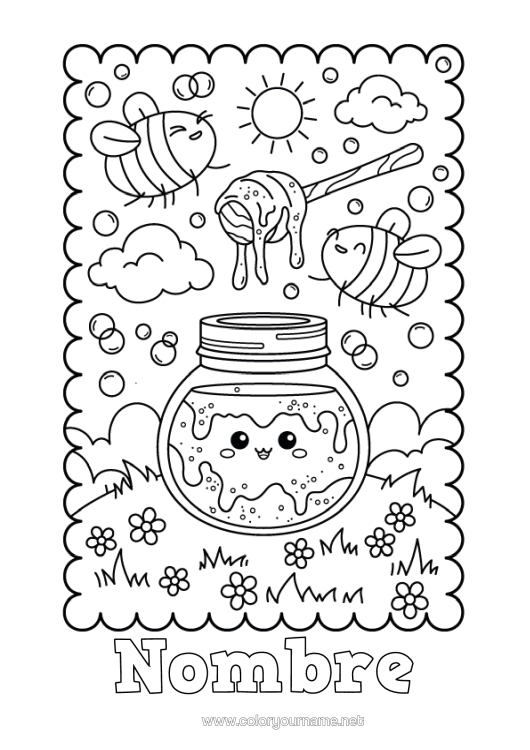 Dibujo para colorear para imprimir Kawaii Abeja Insectos Miel