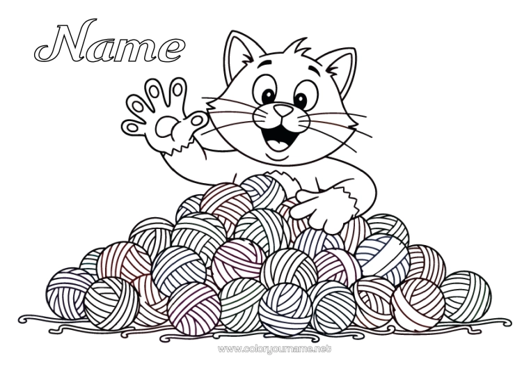 Colouring page to print Cat Animal Dogs And Cats Knitting Balls Of Wool Hook