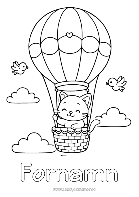 Färgläggningssida att skriva ut Hjärta Katt Söt Luftballong Hundar Och Katter Luftfartyg