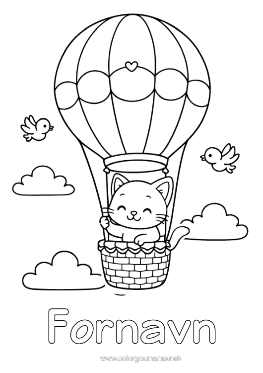 Farvelægningssiden til udskrivning Hjerte Kat Kawaii Luftballon Hunde Og Katte Luftfartøjer