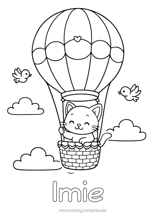 Kolorowanka do wydruku Serce Kot Uroczy Balon Na Gorące Powietrze Psy I Koty Pojazdy Powietrzne