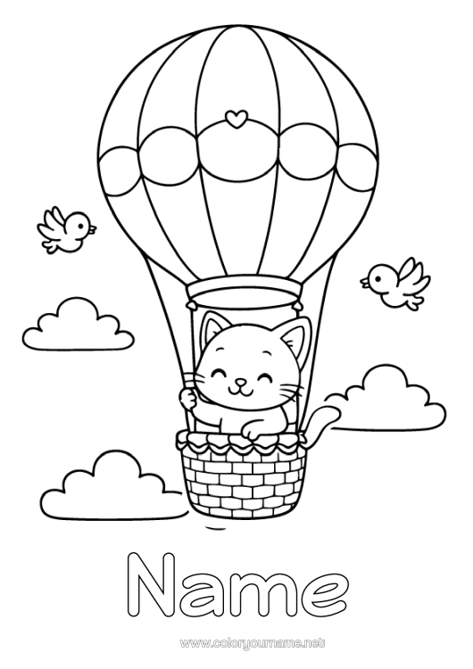 Colouring page to print Heart Cat Cute Vehicles Animal Hot Air Balloon Dogs And Cats Aerial Vehicles