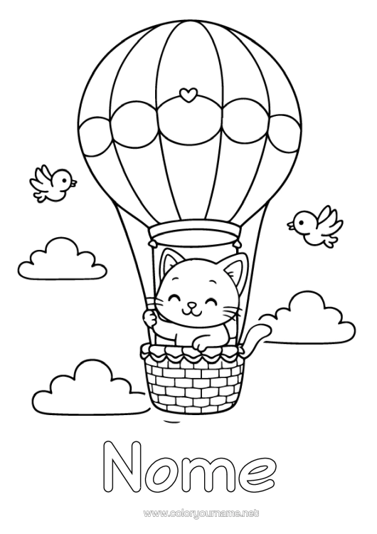 Página de desenho para imprimir Coração Gato Kawaii Balão De Ar Quente Cães E Gatos Veículos Aéreos