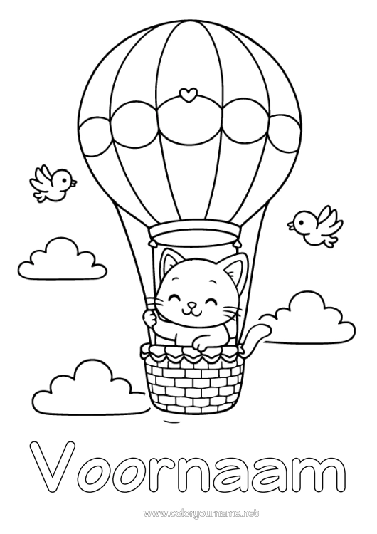 Kleurplaat om af te drukken Hart Kat Kawaii Luchtballon Honden En Katten Luchtvaartuigen