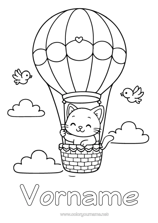 Malvorlage zum Ausdrucken Herz Katze Kawaii Heißluftballon Hunde Und Katzen Flugzeuge
