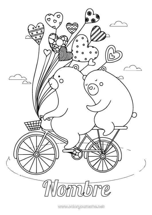 Dibujo para colorear para imprimir Llevar Corazón Globos Bicicleta Animales Del Bosque Vehículos De Dos Ruedas