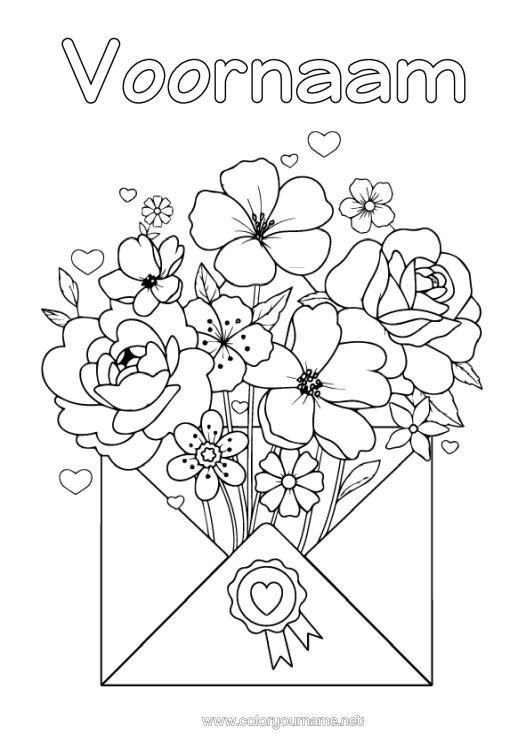 Kleurplaat om af te drukken Bloemen Hart Envelop Boeket