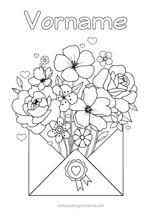 Malvorlage zum Ausdrucken Blumen Herz Umschlag Blumenstrauß