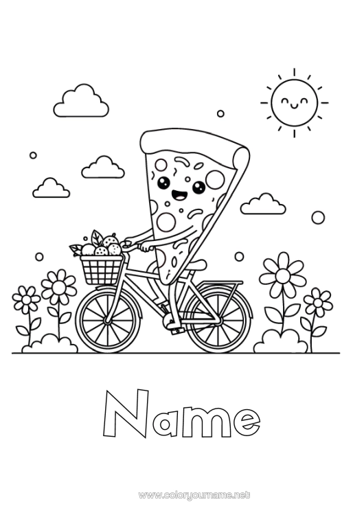 Coloring page to print Kawaii Bike Two-Wheeled Vehicles Pizza