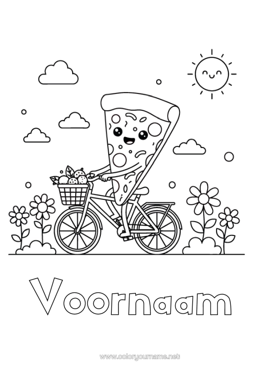Kleurplaat om af te drukken Kawaii Fiets Tweewielers Pizza