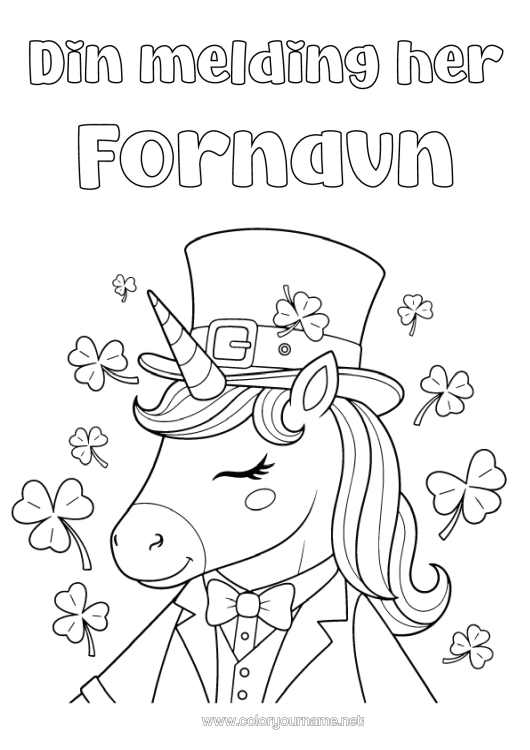 Fargeleggingssiden til utskrift Enhjørning Dyr Sjanse Klover St. Patricks Festdag Hatt Drager, Enhornede Hester Og Fantastiske Dyr