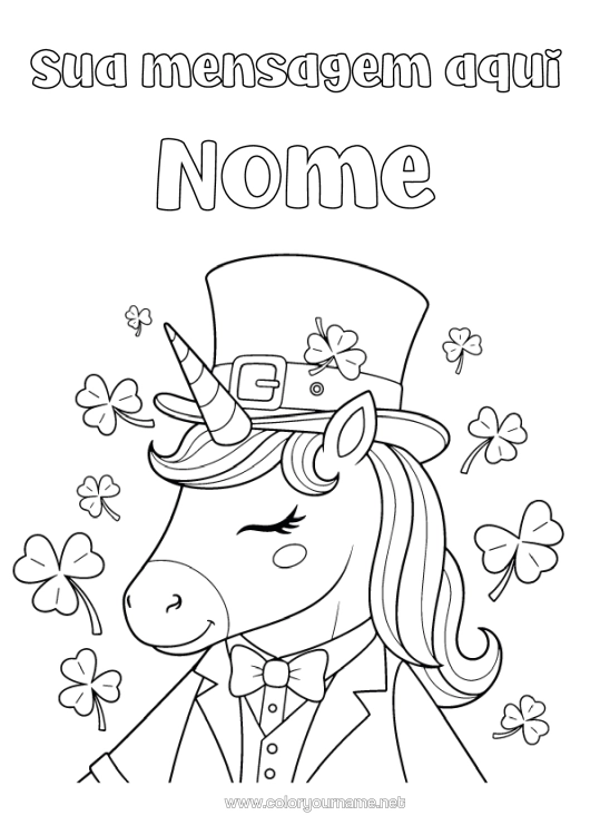 Página de desenho para imprimir Unicórnio Animal Sorte Trevo Dia De São Patrício Chapéu Dragões, Unicórnios E Animais Fantásticos