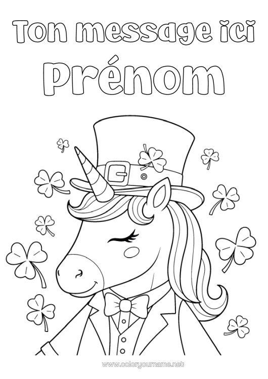 Coloriage à imprimer Licorne Animal Chance Trèfle Fête De La Saint Patrick Chapeau Dragons, Licornes Et Animaux Fantastiques
