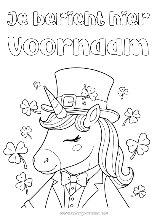 Kleurplaat om af te drukken Eenhoorn Dier Geluk Klaver Saint Patrick's Day Hoed Draken, Eenhoorns En Fantastische Dieren
