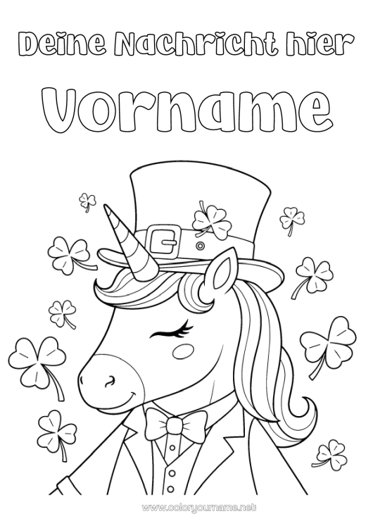 Malvorlage zum Ausdrucken Einhorn Tier Glück Kleeblatt St. Patrick's Day Hut Drachen, Einhörner Und Fantastische Tiere