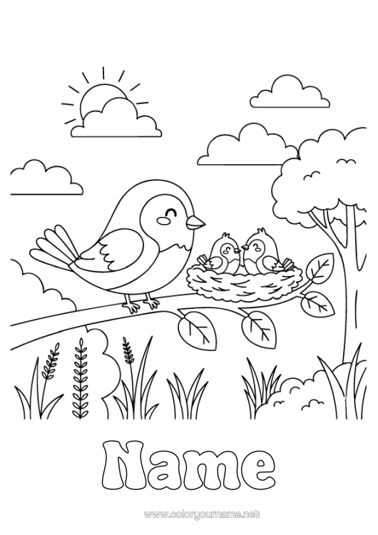 Coloring page to print Bird Flying Birds And Mammals Bird's Nest Animal Family Baby Animal