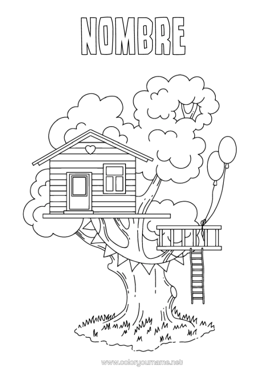 Dibujo para colorear para imprimir Árbol Casa Cabaña