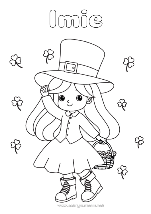 Kolorowanka do wydruku Dziewczyna Koniczyna Święto Świętego Patryka Koszyk Kapelusz