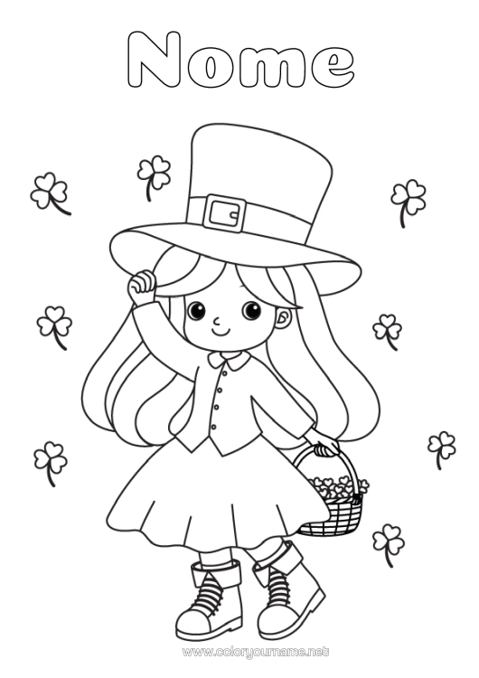 Página de desenho para imprimir Menina Trevo Dia De São Patrício Cesta Chapéu