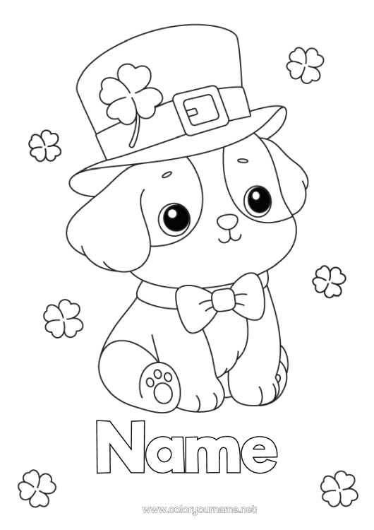 Colouring page to print Dog Animal Clover St Patrick's Day Hat Dogs And Cats