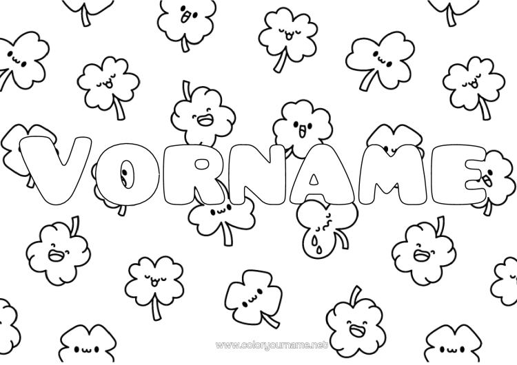 Malvorlage zum Ausdrucken Kawaii Kleeblatt Dekorativer Hintergrund