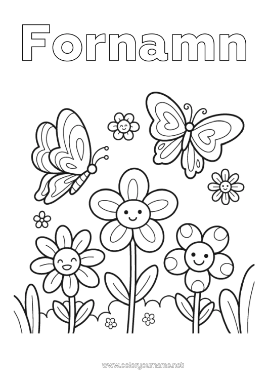 Färgläggningssida att skriva ut Blommor Vår Fjäril Insekter