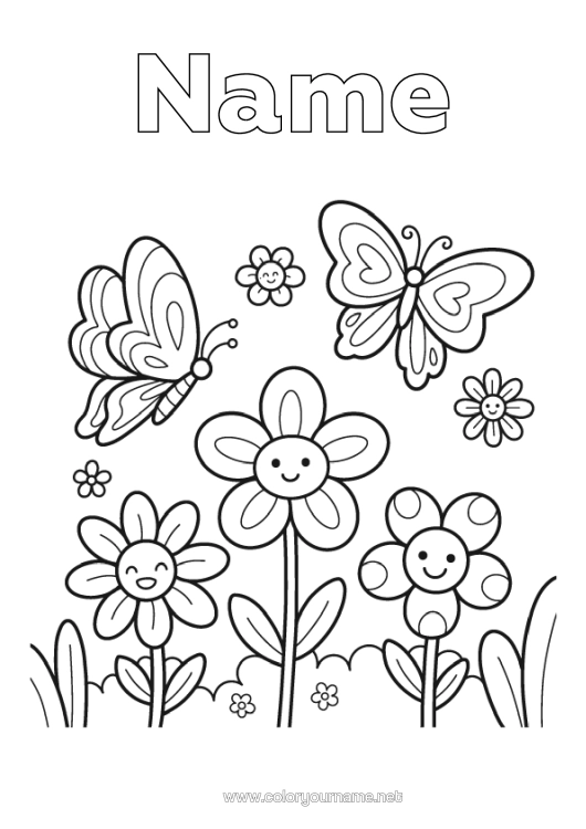Colouring page to print Flowers Spring Butterfly Insects