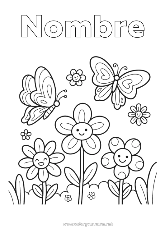 Dibujo para colorear para imprimir Flores Primavera Mariposa Insectos