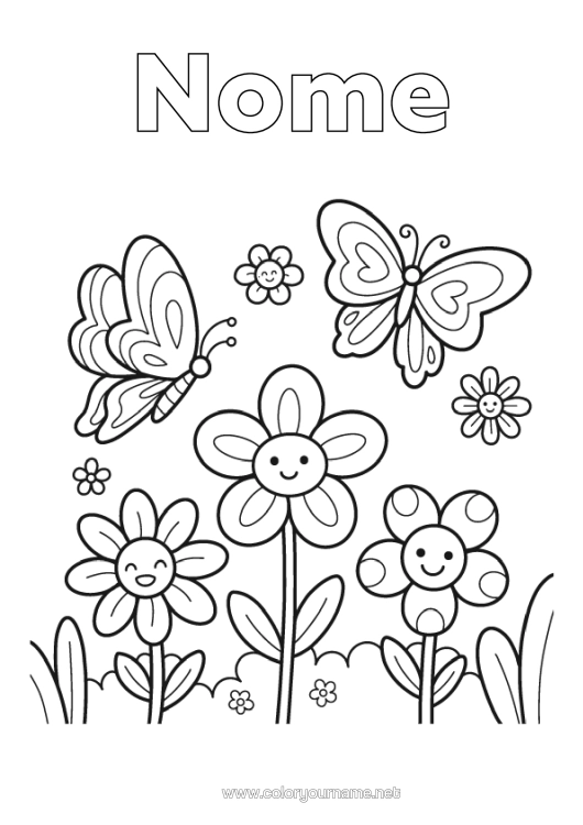 Pagina da colorare da stampare Fiori Primavera Farfalla Insetti