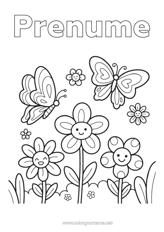 Pagină de colorat de imprimat Flori Primăvară Fluture Insecte
