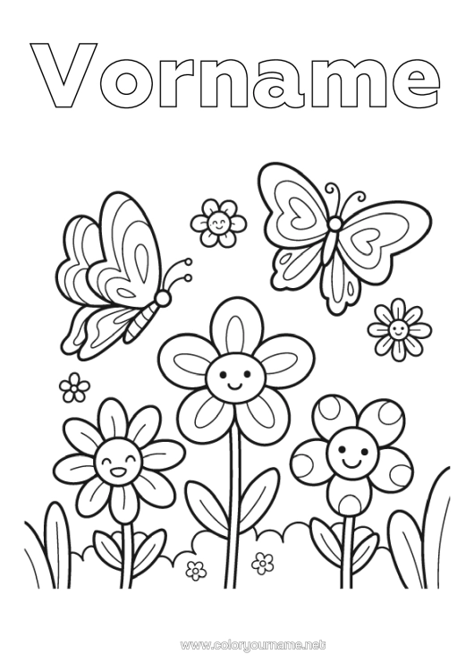 Malvorlage zum Ausdrucken Blumen Frühling Schmetterling Insekten