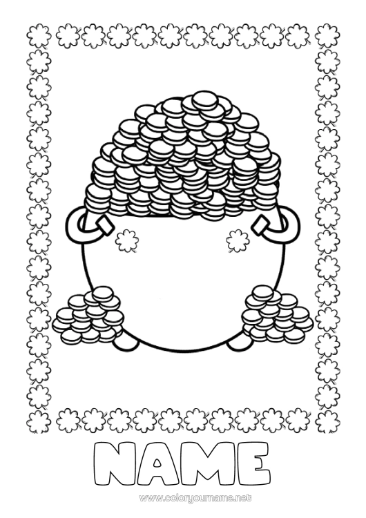 Coloring page to print Magic Pot Clover Currency Coins