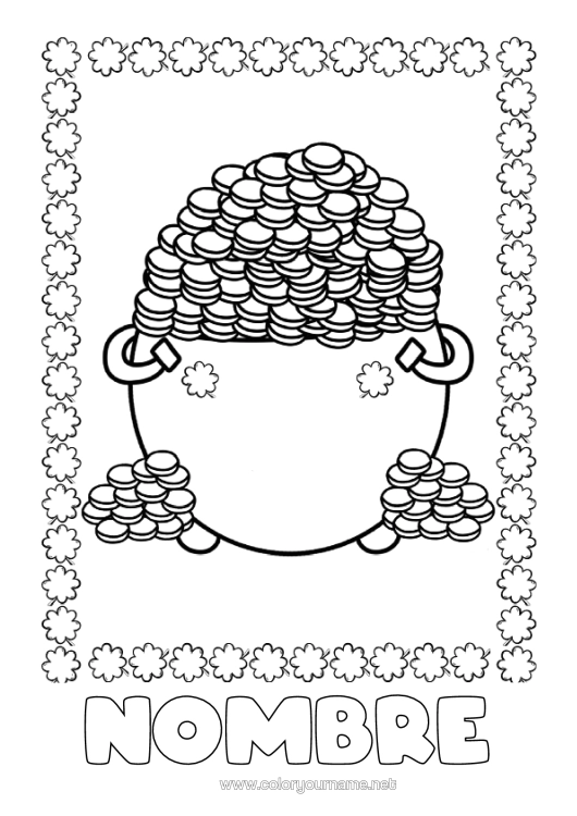 Dibujo para colorear para imprimir Caldero Mágico Trébol Monedas