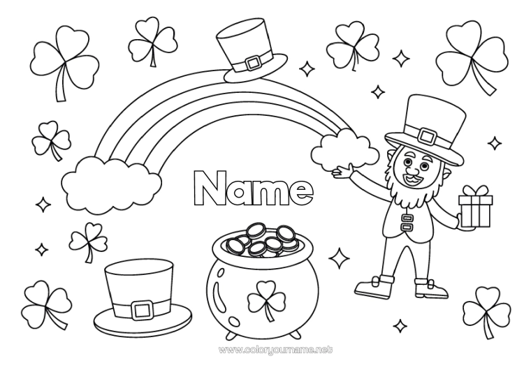 Colouring page to print Magic Cauldron Clover Ireland St Patrick's Day Leprechaun Rainbow Hat Rooms